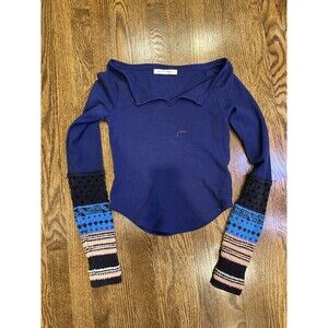 WE THE FREE S BLUE THERMAL WAFFLE KNIT V-NECK SWEATER CUFF SLEEVE BOHO TOP Mgd